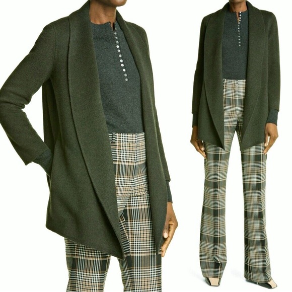 NWT $595 Theory Sileena Shawl Winsome 2 Wool-Cashmere Coat Forest Green - Picture 3 of 5
